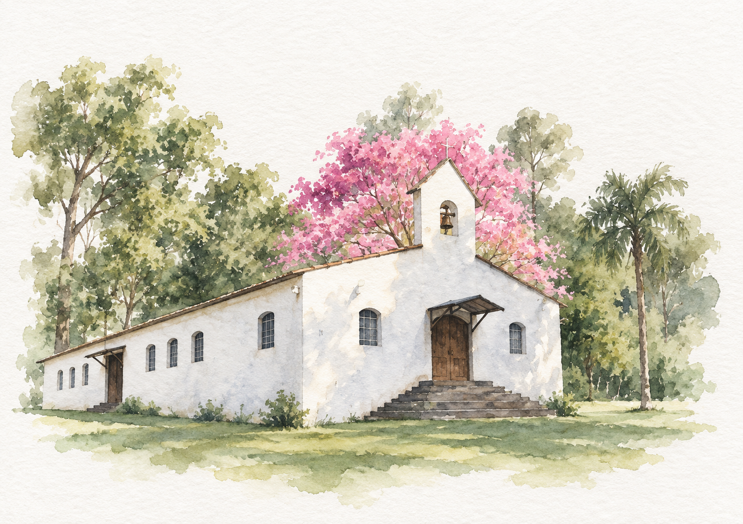 Aquarela da capela branca da Usina Paredão com o ipê rosa florido